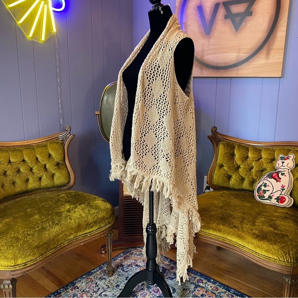 Vintage Open-Knit Fringe Cardigan Duster – Boho Festival Staple Size Large